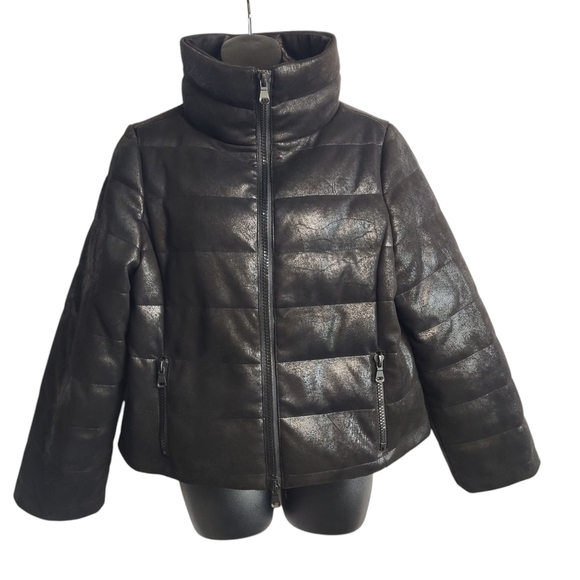 Anorak Women's Black Faux Suede Turtle Neck Puffer Jacket Size Small - Picture 1 of 8